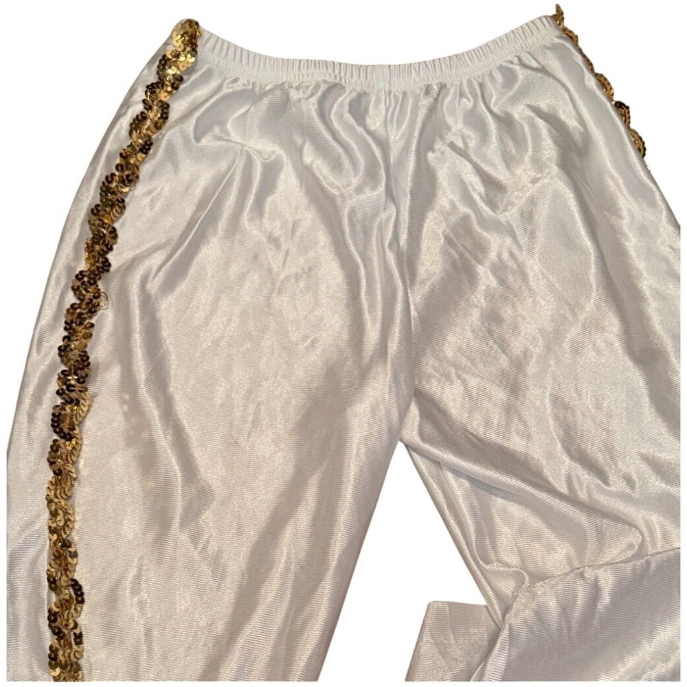 Kids White Satin‎ Dance Pants Gold Sequin Side Stripe Wide Leg Costume Trousers